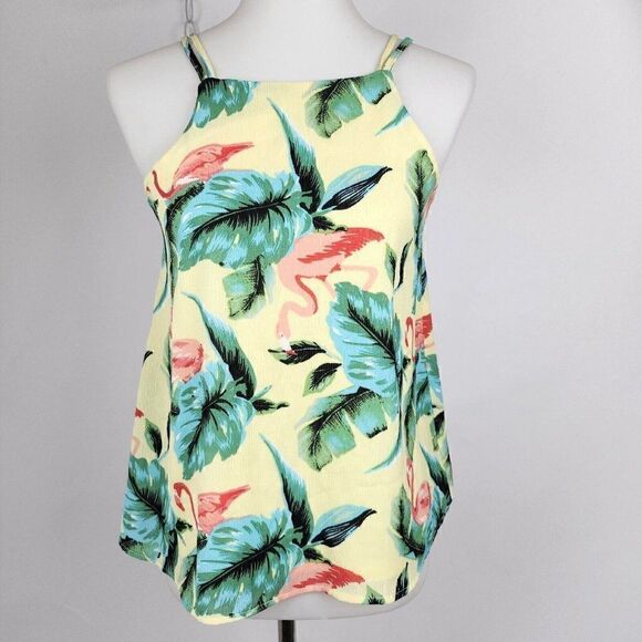 Francesca Blue Rain Small Yellow Flamingo Print Ruffle Camisole Tank Top XS - Picture 1 of 6